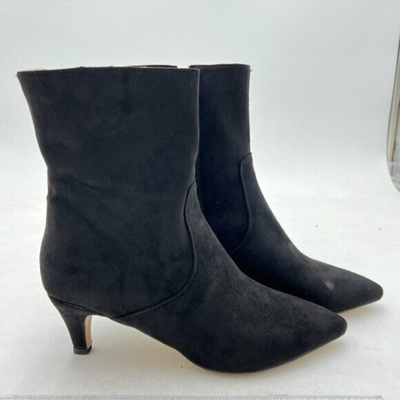 FSJ Black Kitten Low Heel Pointed Toe Ankle Boot Side Zipper Booties Suede Shoes - Picture 4 of 8